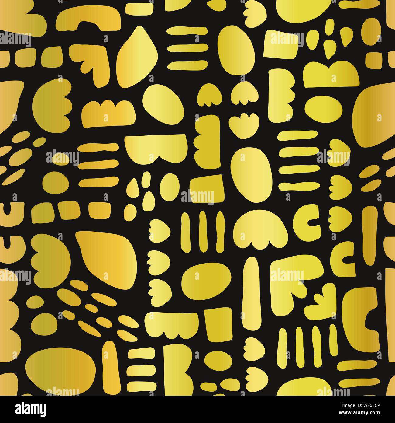 Gold foil mosaic doodle shapes on black seamless vector background ...