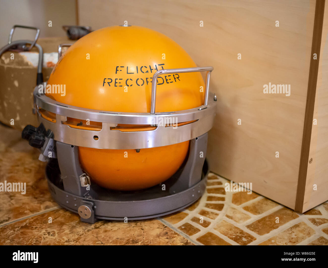 KIEV, UKRAINE-JULY 23, 2019: Real after aircraft accident flight data recorder (FDR) in the Polytechnic Museum at Ukrainian National Technical Univers Stock Photo