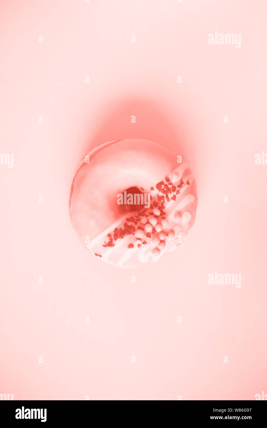 Sweet doughnut with pink icing on trendy coral color background. Tasty donut on pink texture, copy space, top view. Stock Photo