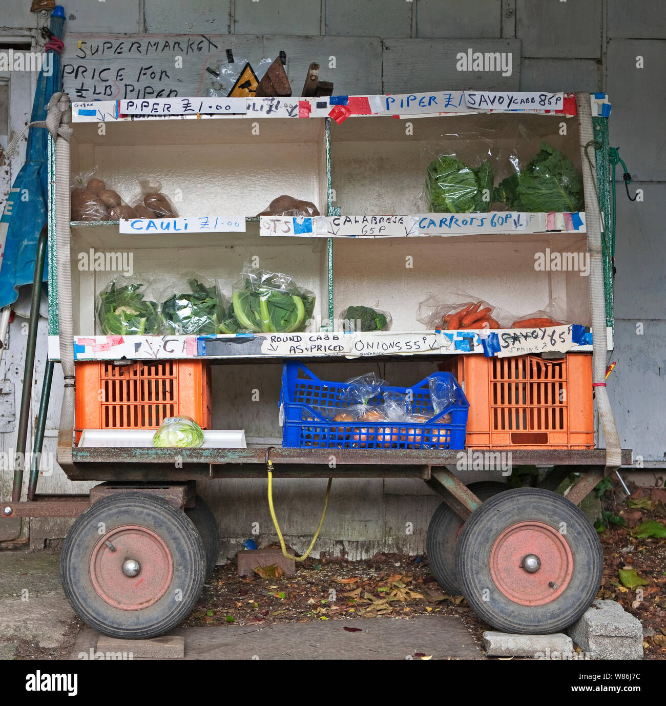 locally grown fruit and vegetables in Guernsey being sold from 'honesty box' stalls at the side