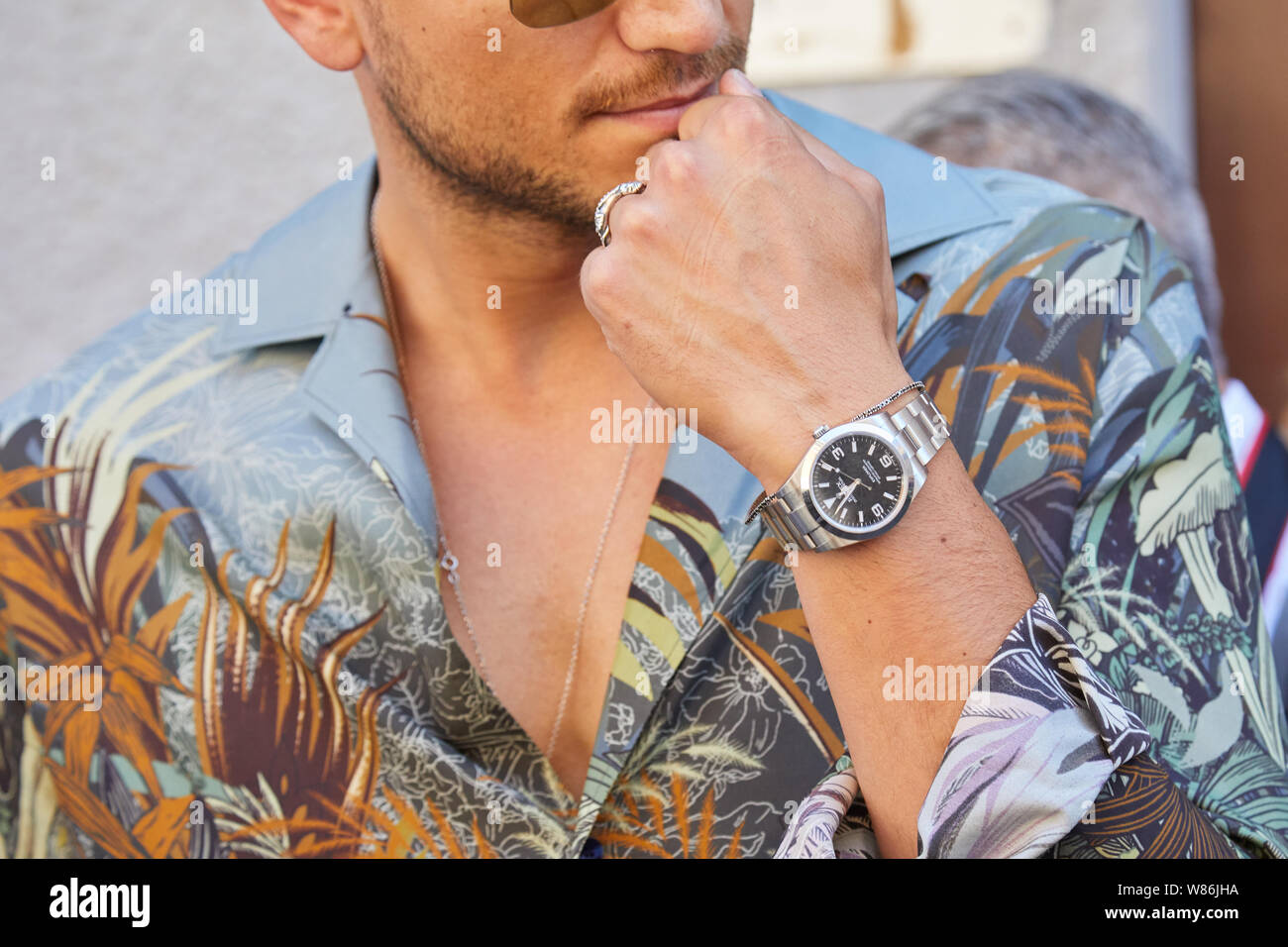MILAN, ITALY - JUNE 16, 2019: Man with Rolex Explorer watch and shirt ...
