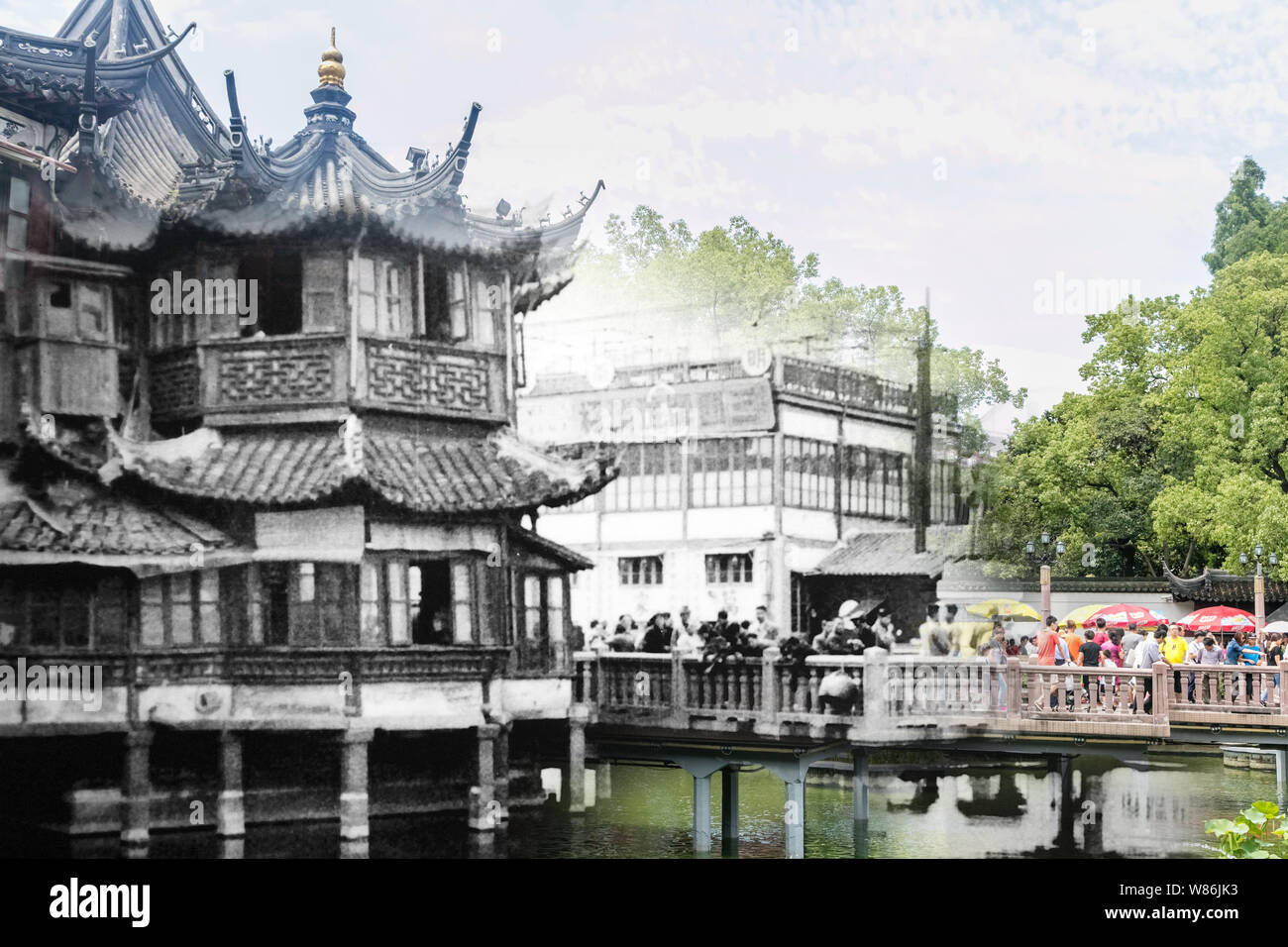 The composite photo shows the old Huxinting Teahouse and the Jiuqu Bridge (the Bridge of Nine Turnings) in the modern Yu Garden, or Yuyuan Garden in S Stock Photo