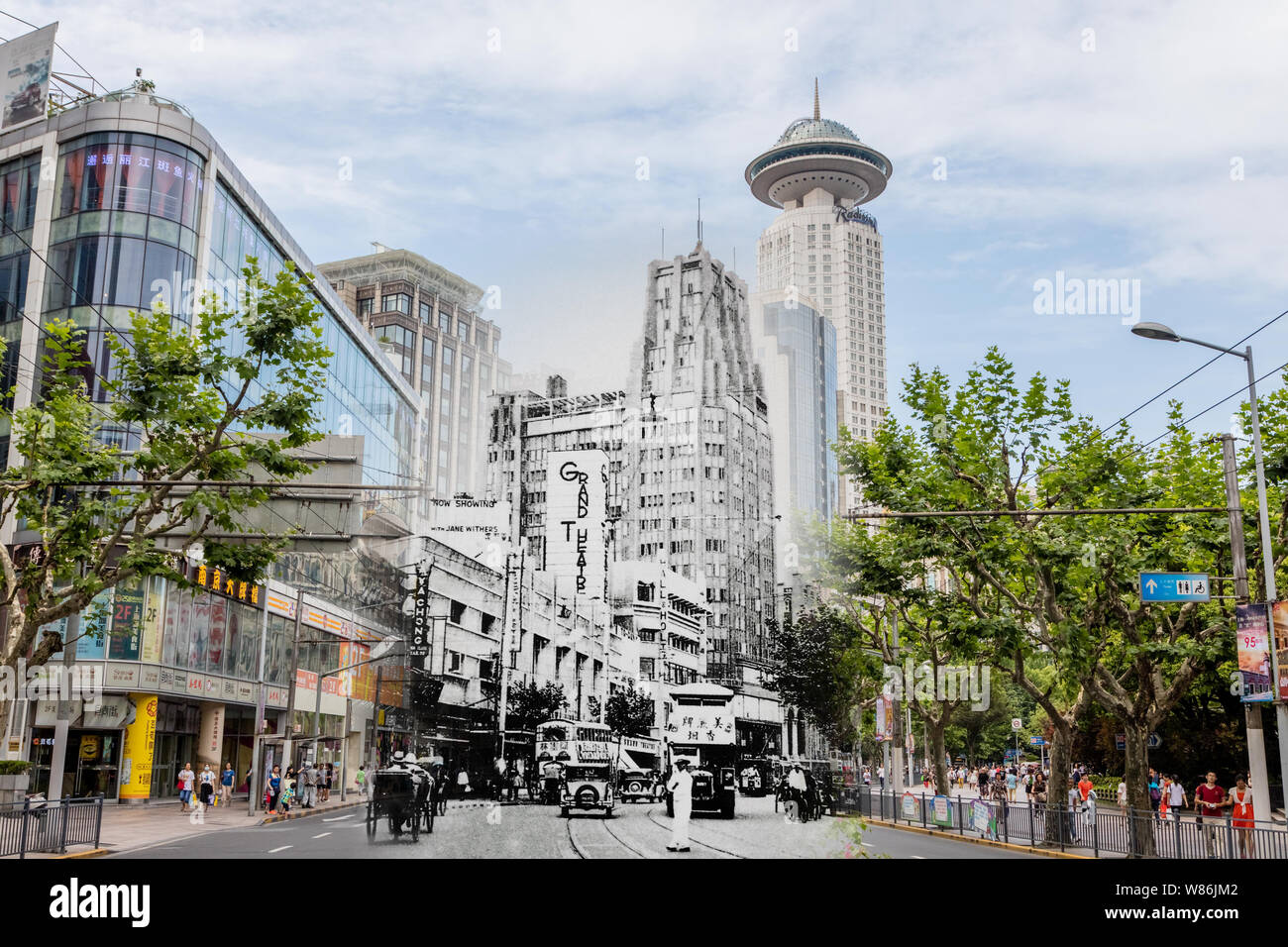 The composite photo shows the old Grand Cinema (Da Guangming) and Shanghai Park Hotel on the modern West Nanjing Road in Shanghai, China, 26 June 2016 Stock Photo