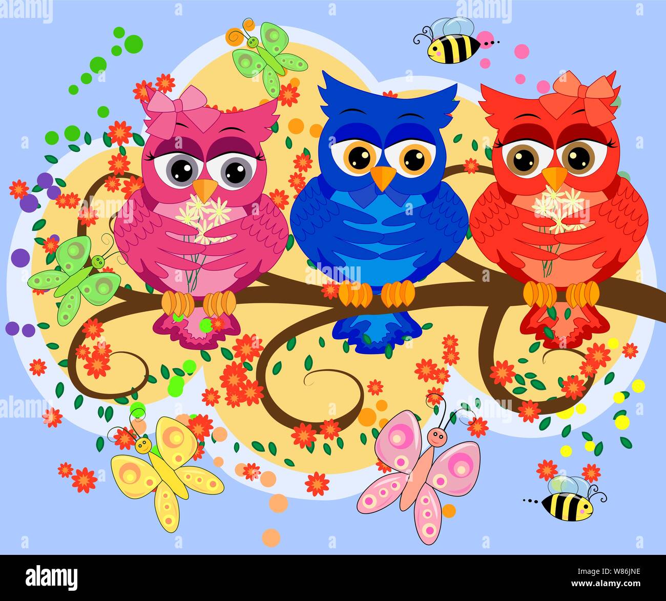 cute colorful cartoon owls sitting on tree branch with flowers ...