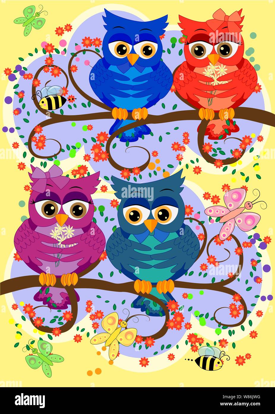 cute colorful cartoon owls sitting on tree branch with flowers ...