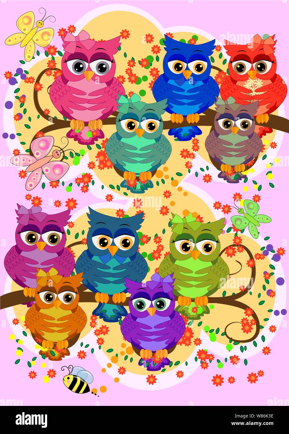 cute colorful cartoon owls sitting on tree branch with flowers ...