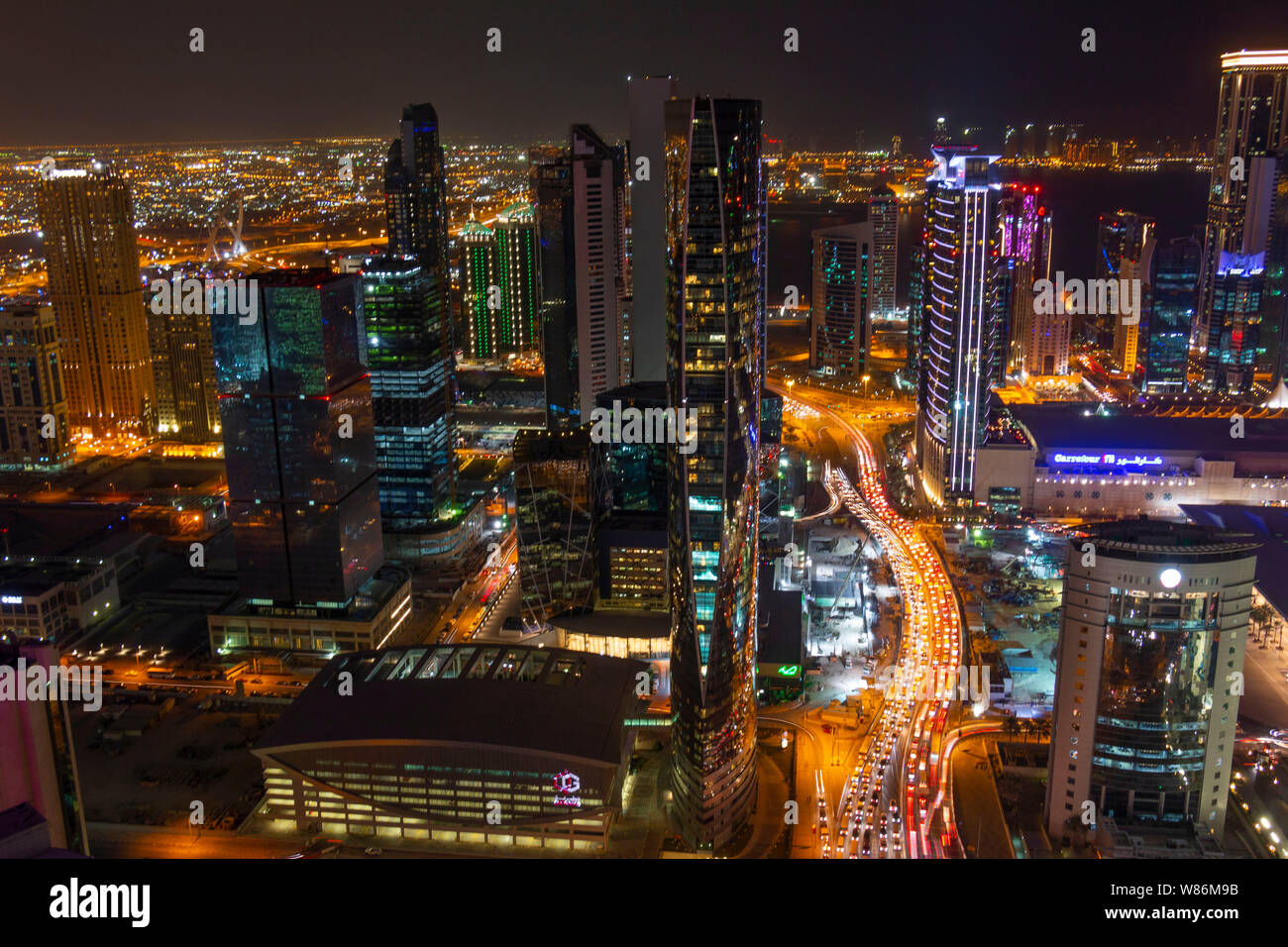 Aerial view of Doha, the city center West bay with the modern skyscrapers, Qatar Stock Photo