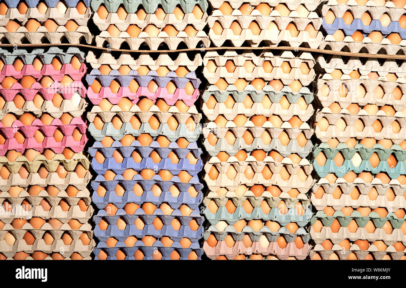 full frame shot of stacked cartons of free range farm eggs Stock Photo