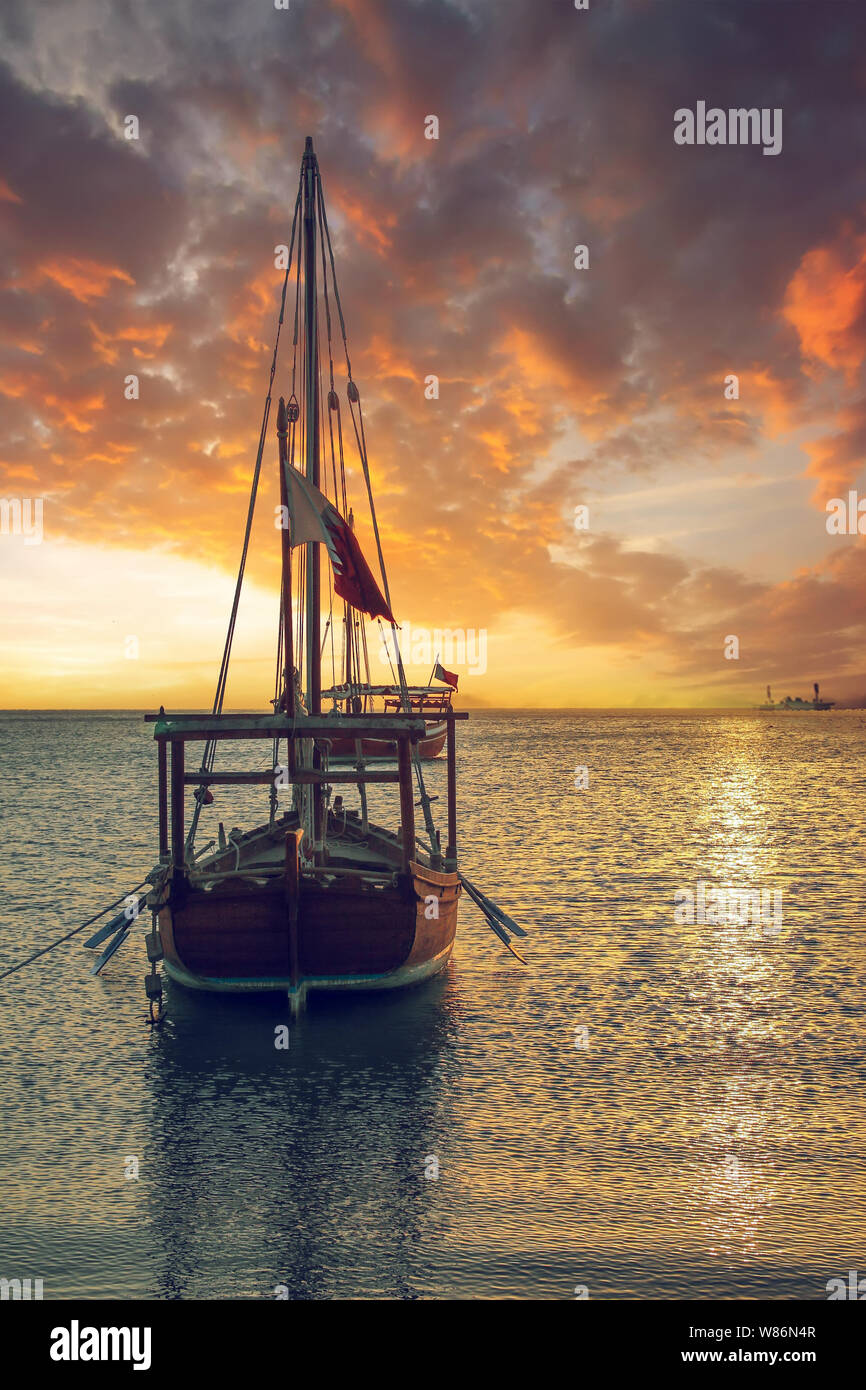 Beautiful Sunrise At Wakra Port While Dhow Boat Standing In The Sea Stock Photo Alamy