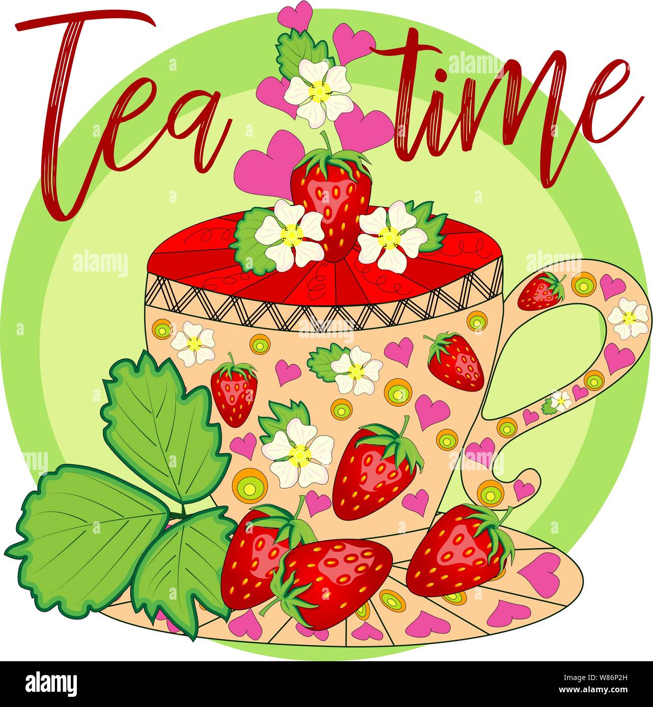 Strawberry tea. Tea cooked with love. A cup with strawberries, decorated with leaves and flowers Stock Vector