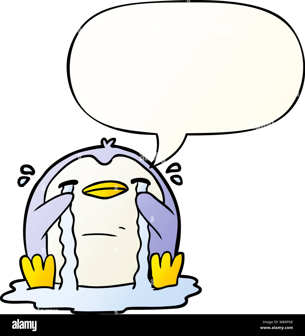 cartoon crying penguin with speech bubble in smooth gradient style Stock Vector