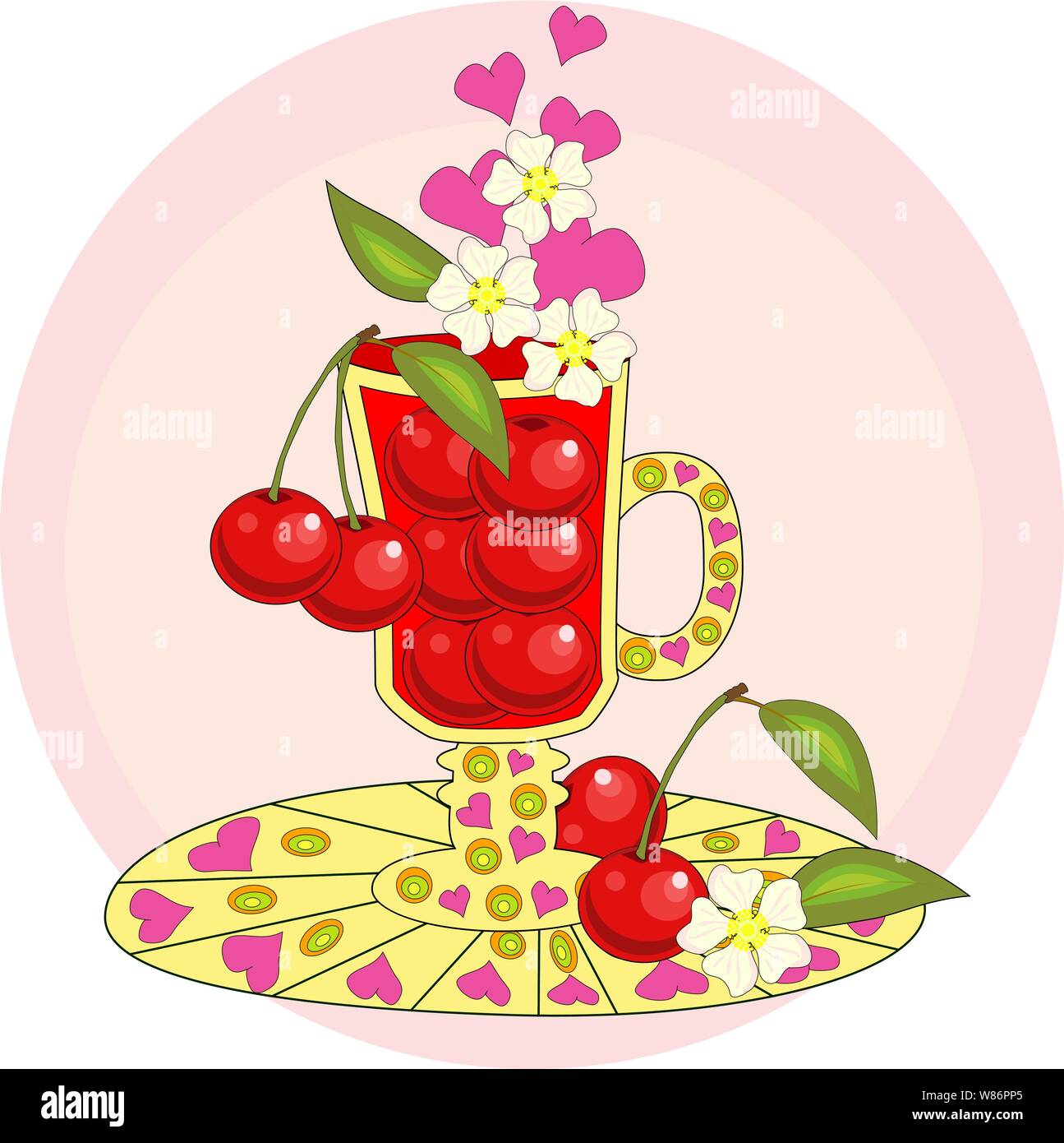 Cherry tea. Tea cooked with love. A tall glass for mulled wine with berries of cherry, decorated with leaves and flowers Stock Vector