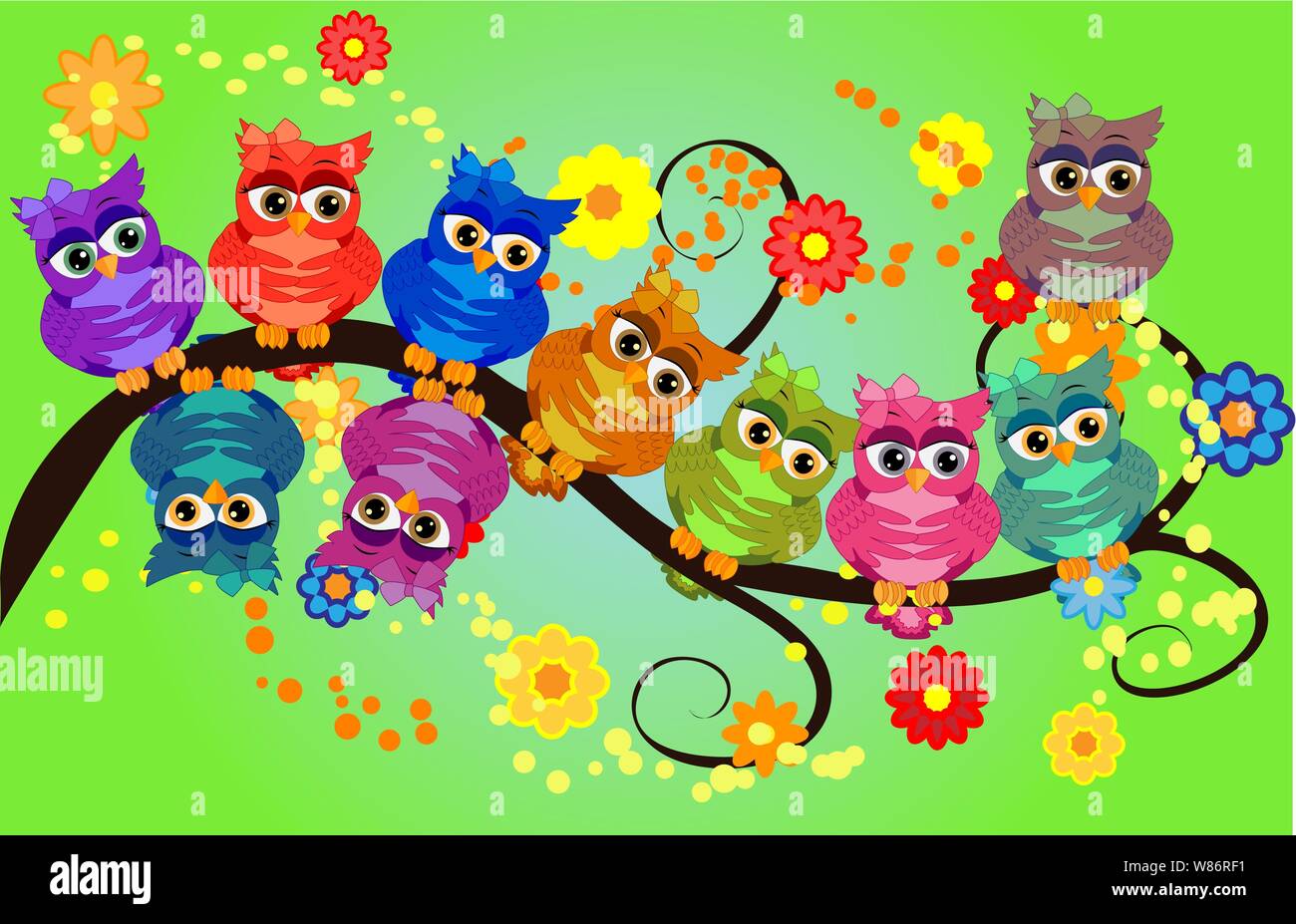 Funny owls on branch in flowers. Spring concept. Bright illustration