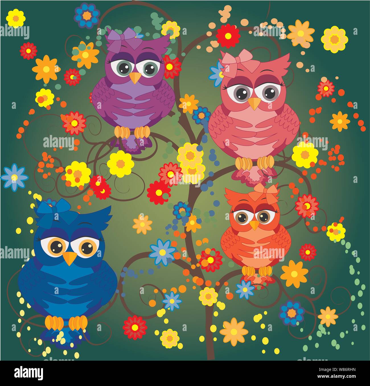 Cute multi-colored owls on a flowering branch of a tree. Spring, summer ...