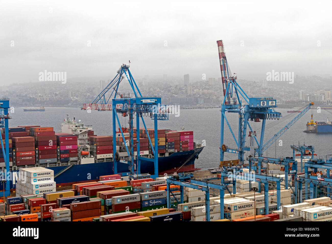 Shipping boats in Valparaiso, Chile View to the city port with