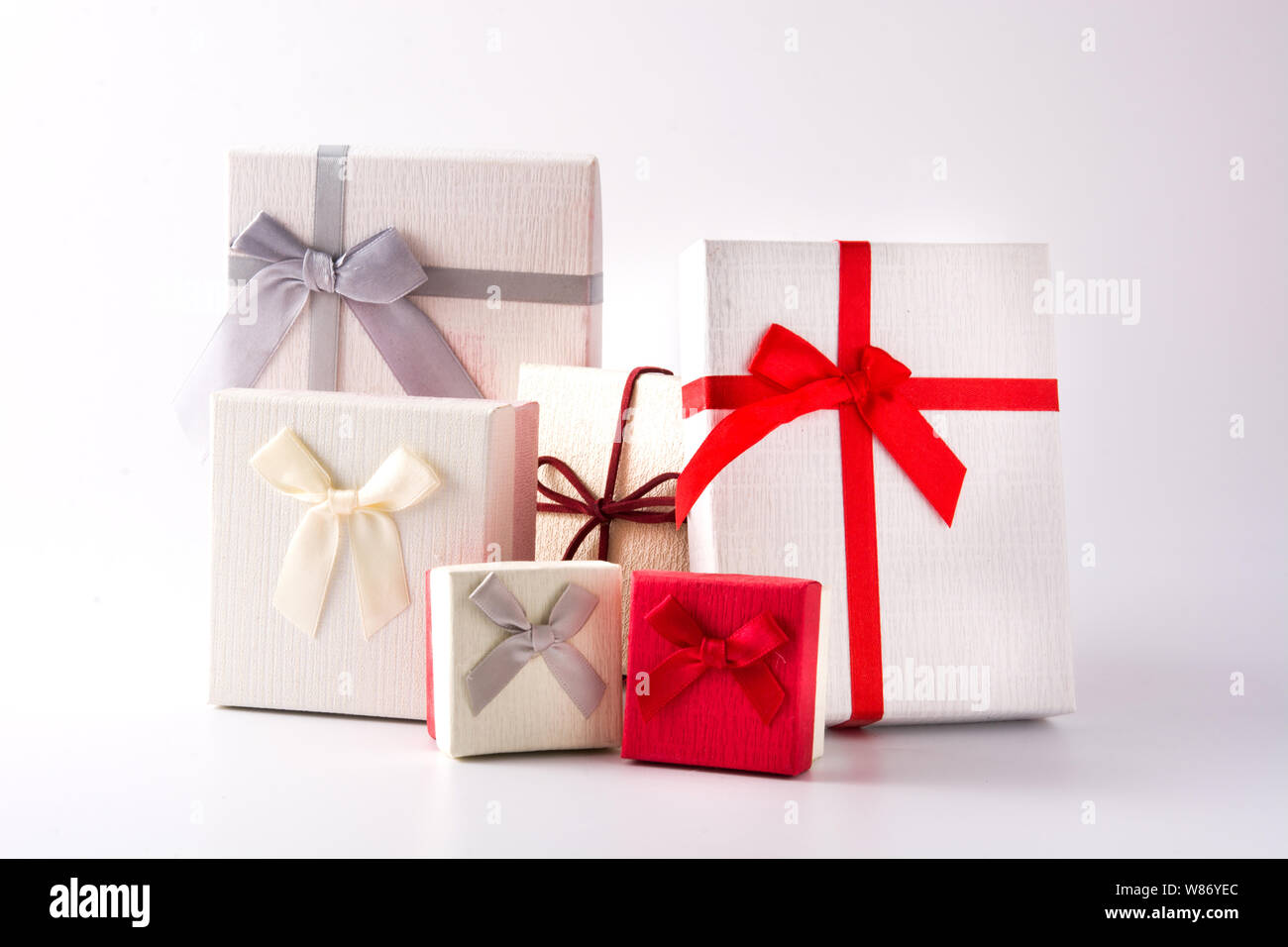 Variety gift boxes isolated on white background Stock Photo
