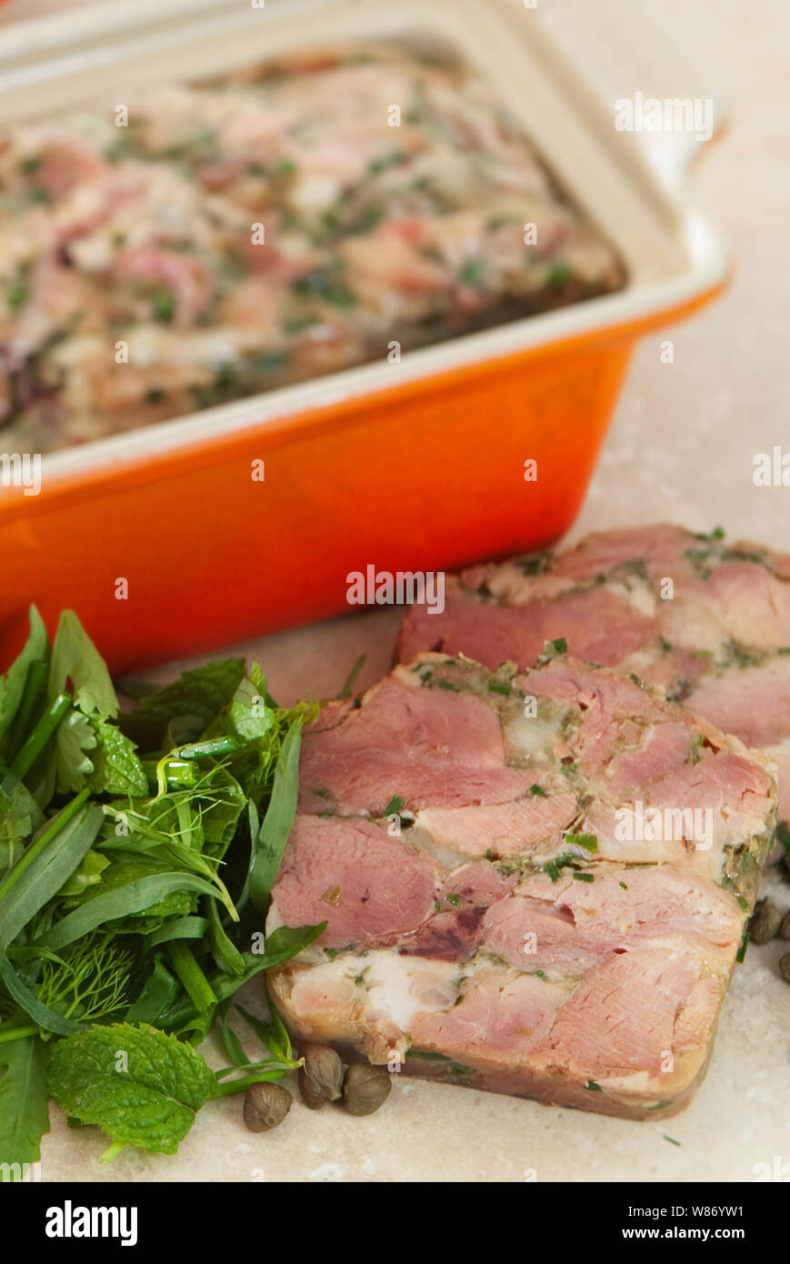 home made ham hock terrine in an orange terrine dish served with