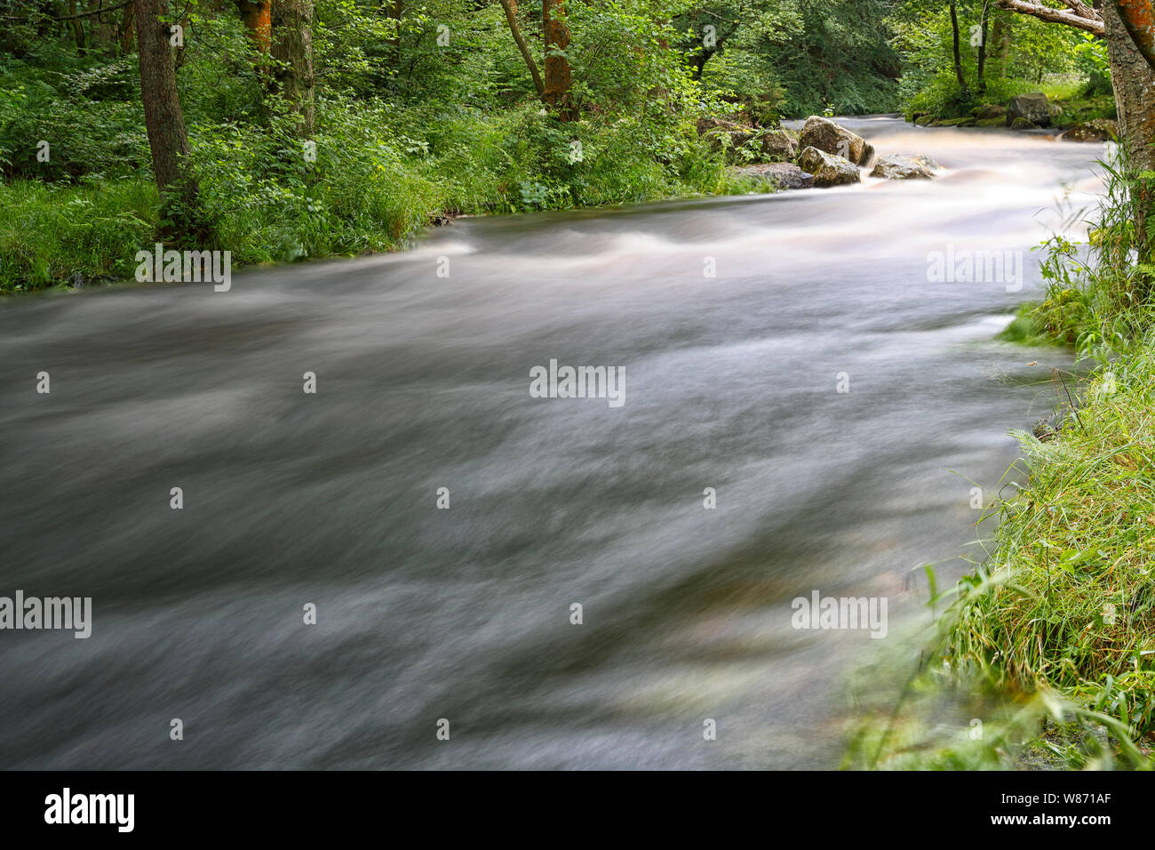 The River Washburn in Nidderdale showing fast flowing water due to water release from Thruscross reservoir by Yorkshire Water Company for canoeing Stock Photo