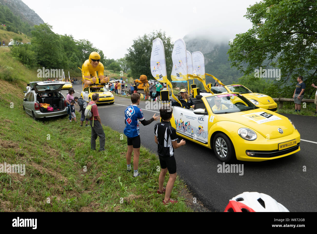 Tour de France 2019 - Caravan going up Col de Montsegur, stage 15 Limoux-Foix Stock Photo