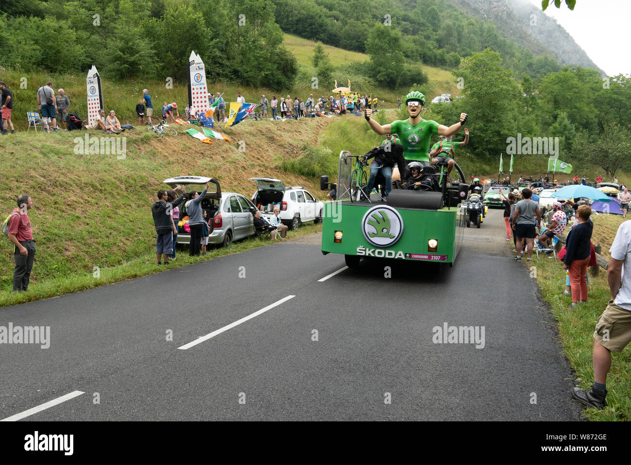 Tour de France 2019 - Caravan going up Col de Montsegur, stage 15 Limoux-Foix Stock Photo