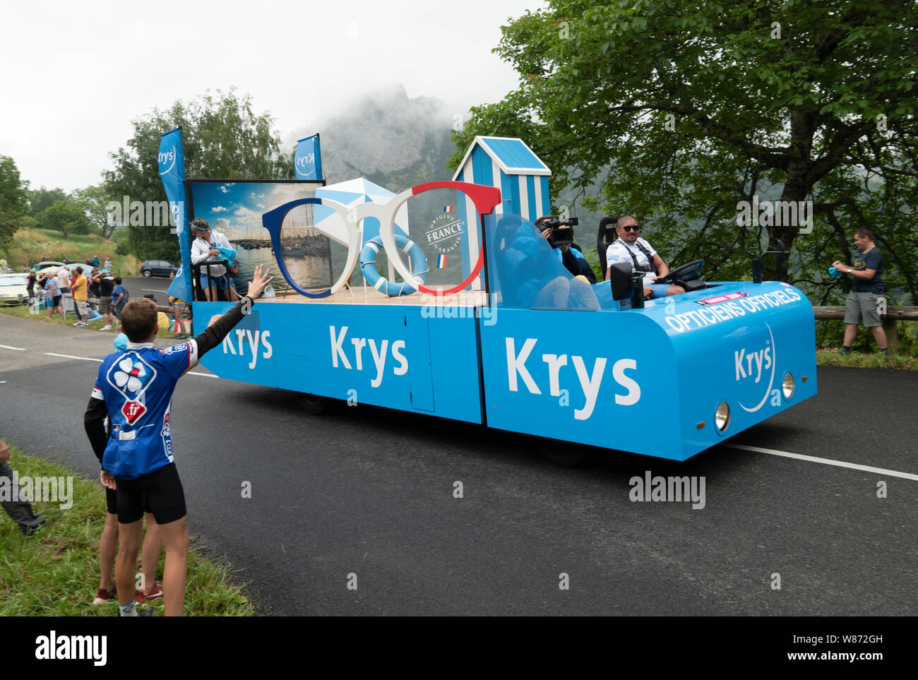 Tour de France 2019 - Caravan going up Col de Montsegur, stage 15 Limoux-Foix Stock Photo