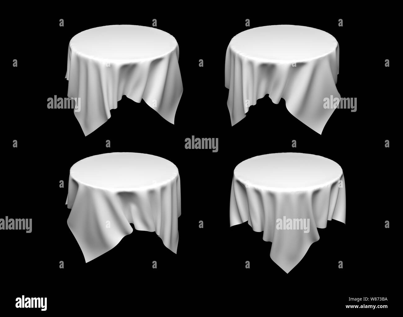 White tablecloth on invisible round table. Set of different cloths on black background Stock Photo