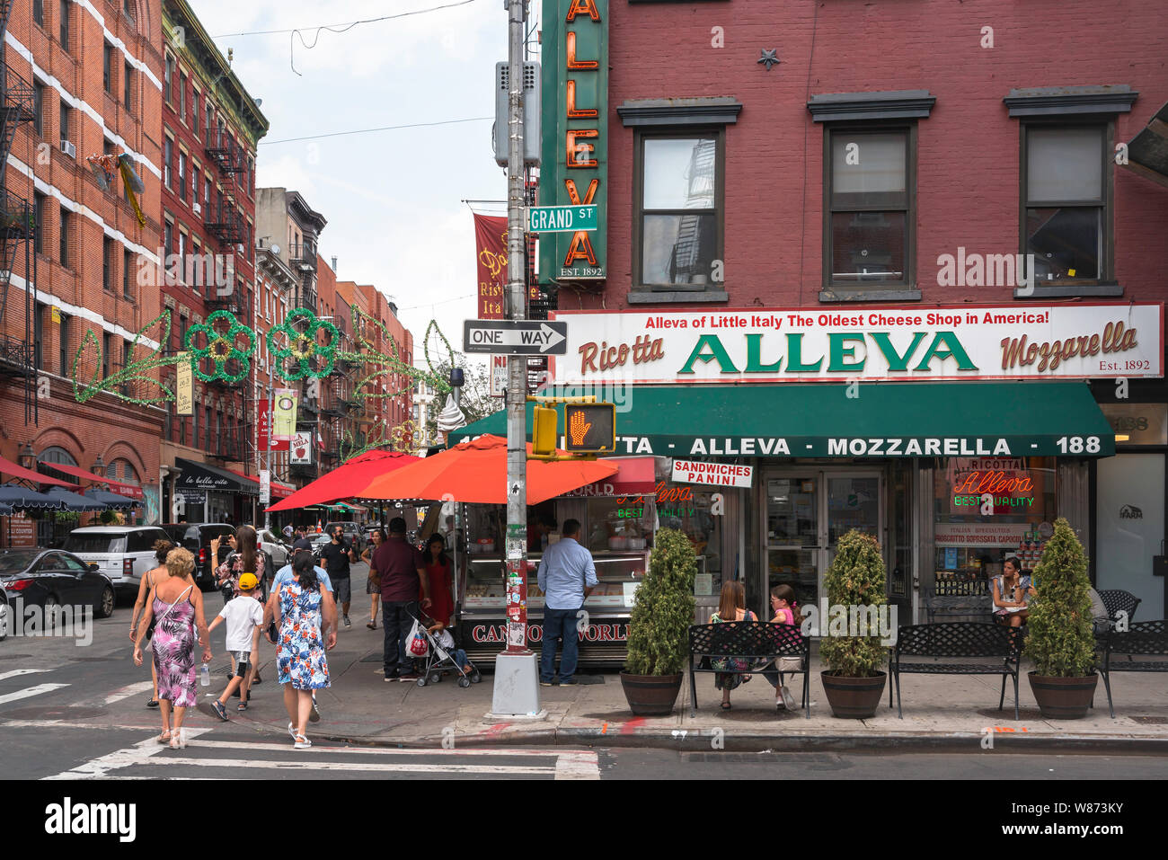 Little Italy New York, view of the corner of Mulberry Street and Grand Street in the center of Little Italy in downtown Manhattan, New York City, USA. Stock Photo