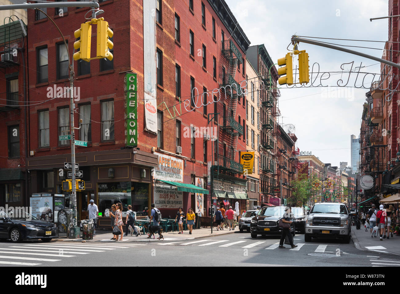 Little Italy New York, view of the corner of Mulberry Street and Broome Street in the center of Little Italy in downtown Manhattan, New York City, USA Stock Photo