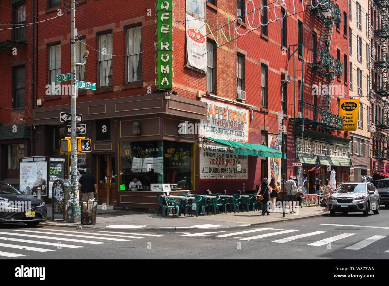 New York street, view of the corner of Mulberry Street and Broome Street in the center of Little Italy in downtown Manhattan, New York City, USA Stock Photo