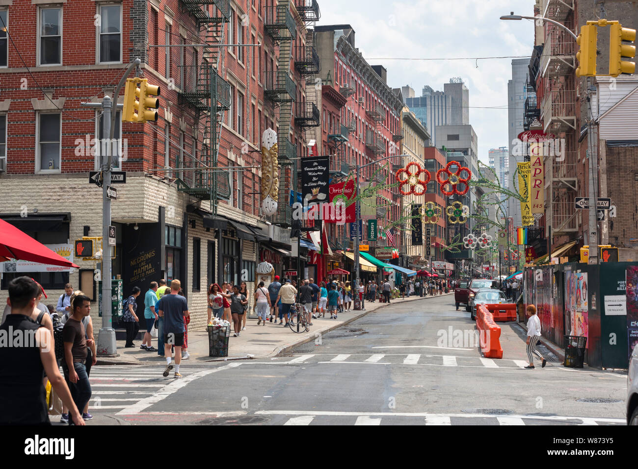 Mulberry Street New York, view along Mulberry Street, the main thoroughfare in the Little Italy district of Lower Manhattan, New York City, USA Stock Photo