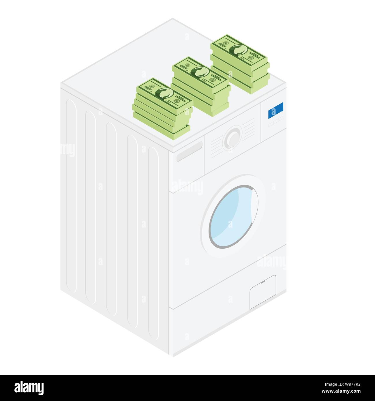 Money laundering concept. Stack of money dollars on washing machine