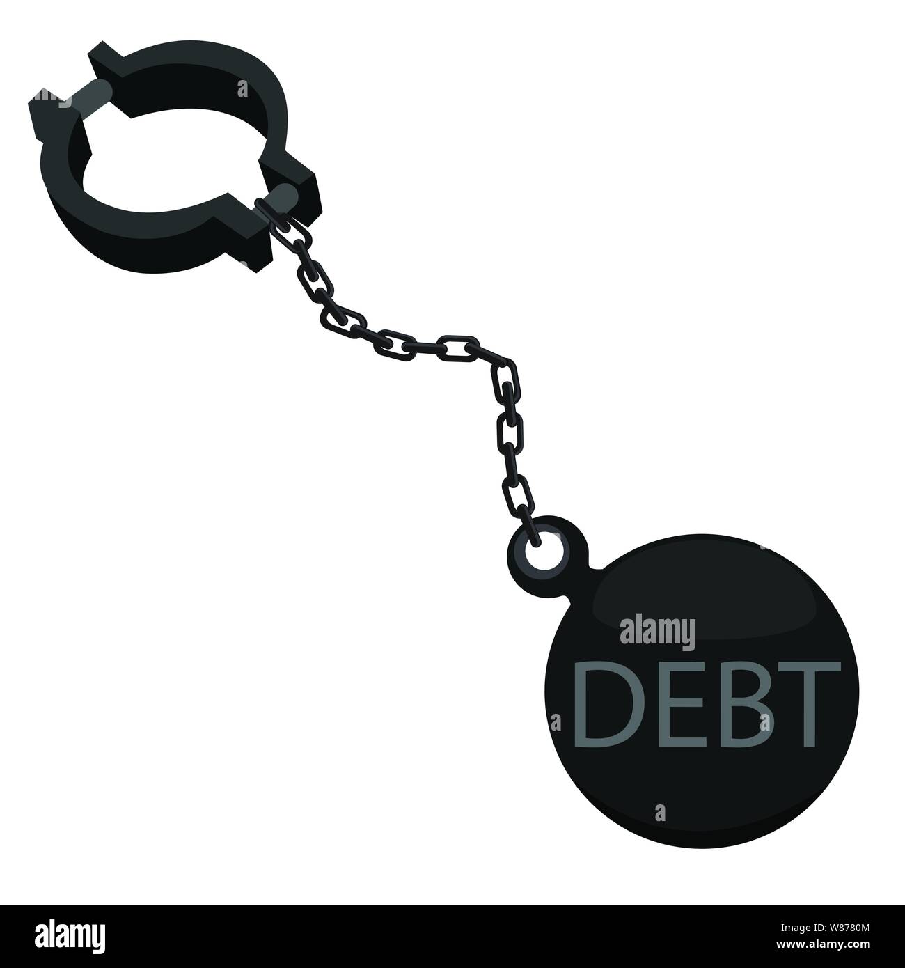 Debtor. Vector illustration ball on chain. Shackle icon. Jail chain