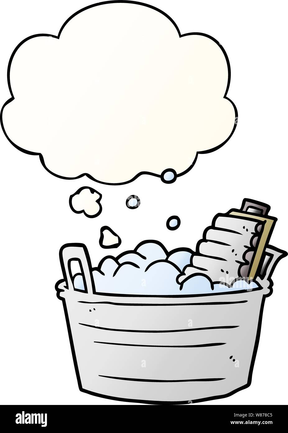 cartoon old washboard and bucket with thought bubble in smooth gradient