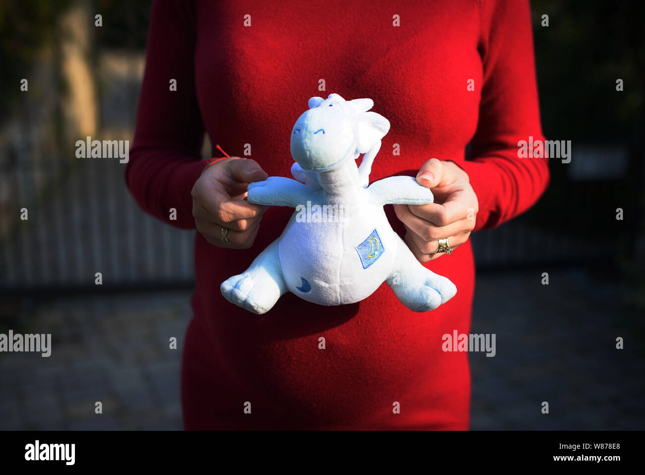 Woman in her last trimester of pregnancy wearing a red jersey dress and holding a cute blue dinosaur plush toy revealing the gender of the baby as boy Stock Photo