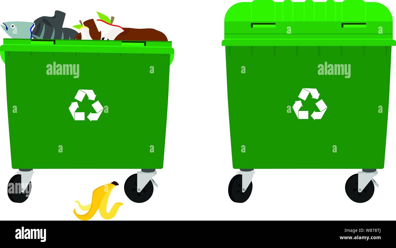 Empty Garbage Container Cartoon Overflowing and empty garbage bin, container. Vector isolated on white ...