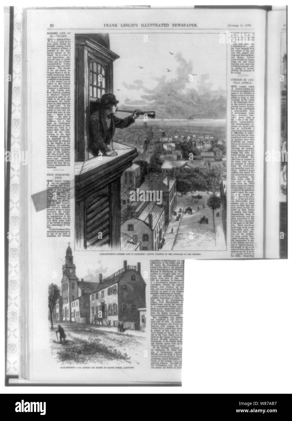1. Massachusetts - Summer life in Nantucket - Giving warning of the approach of the steamer man blowing horn from window 2. Massachusetts - Old church and houses on Orange Street, Nantucket Stock Photo