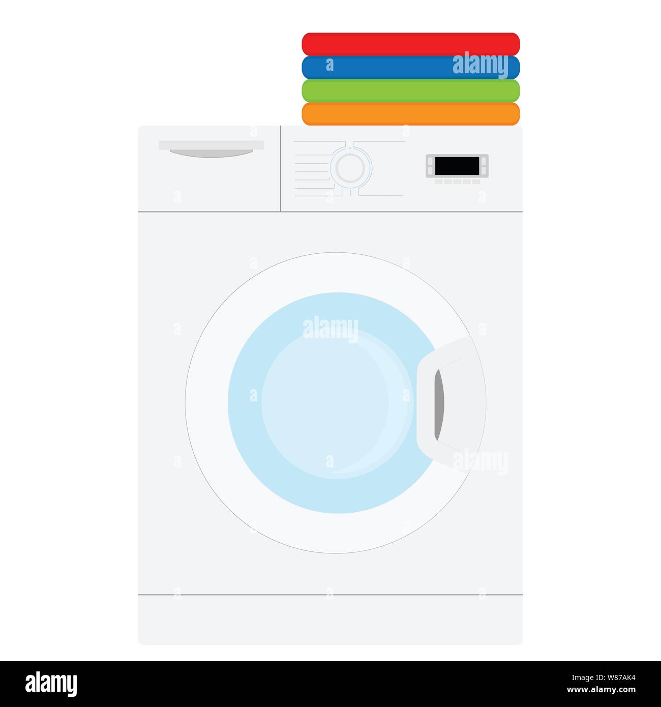 Laundry on washing machine indoors. Stack of colorful folded clothes. Household concept. Clean laundry pile. Vector illustration Stock Vector