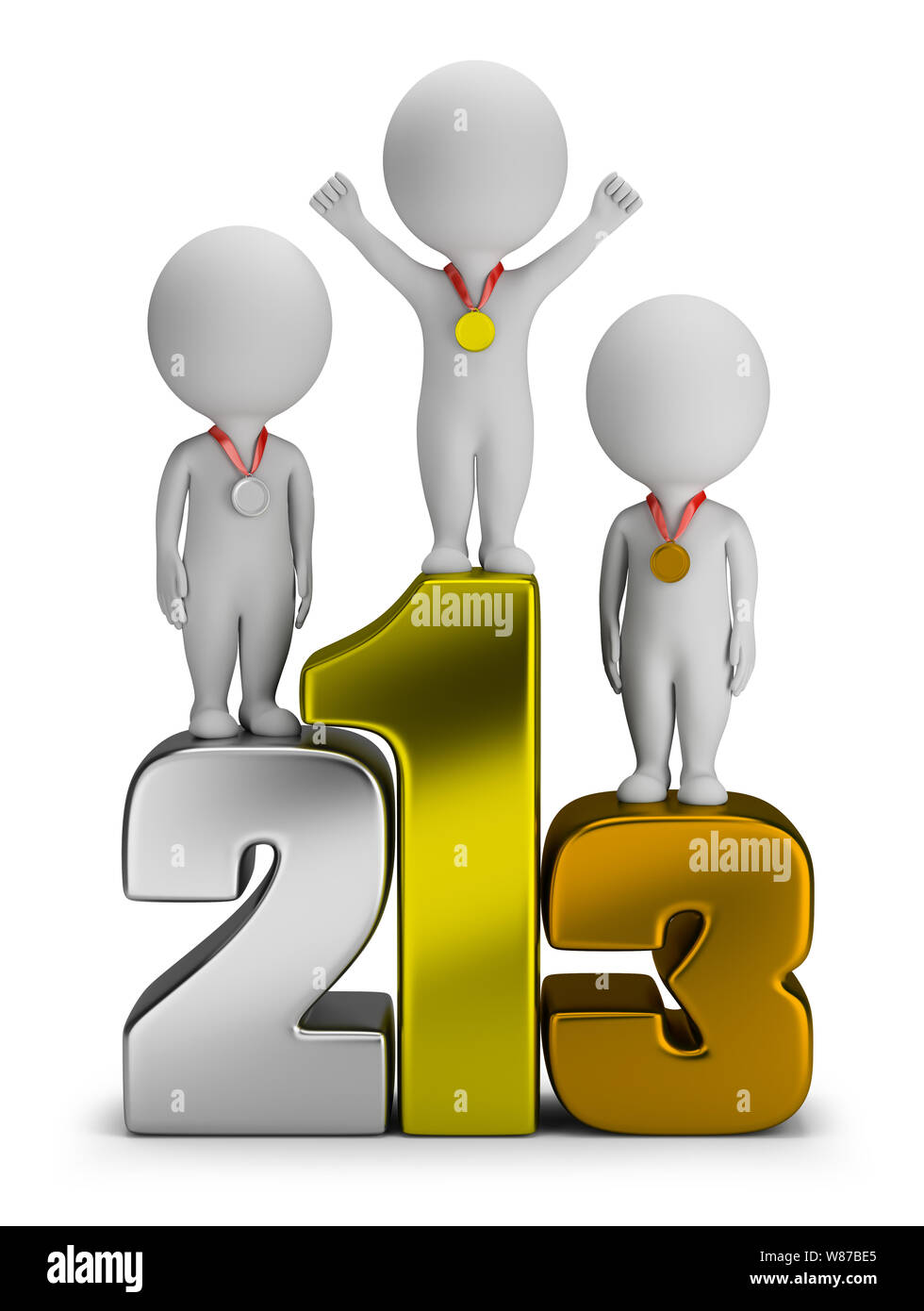3d small people - winners standing on numbers. 3d image. White background. Stock Photo