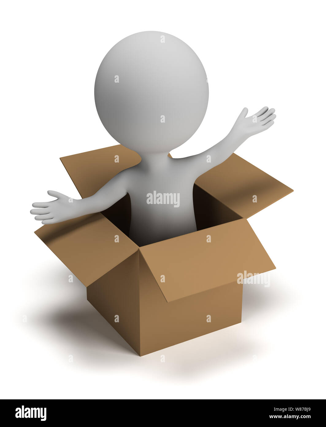 3d small person coming out of a box. 3d image. Isolated white background. Stock Photo