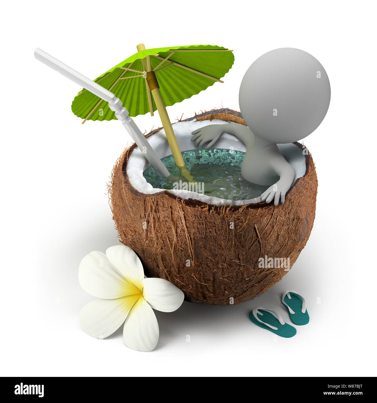3d small person sitting in a coconut bath under an umbrella. 3d image. Isolated white background. Stock Photo