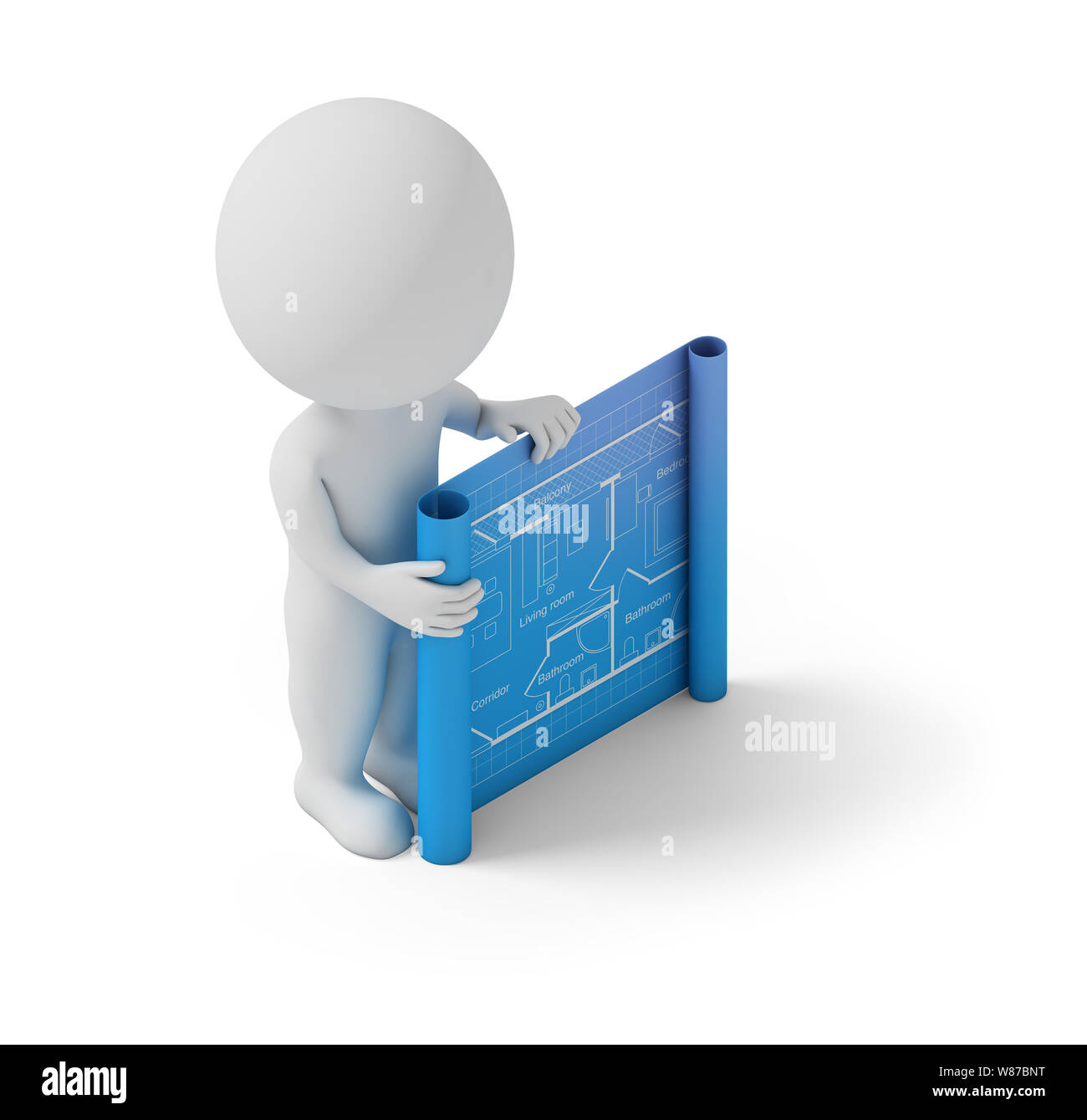 Isometric person with a blueprint. 3d image. White background. Stock Photo