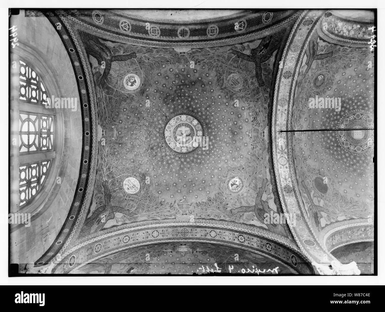 12 mosaic domes of basilica i.e., Church of All Nations or Church of the Agony given by various countries. Interior of basilica dome given by Mexico Stock Photo