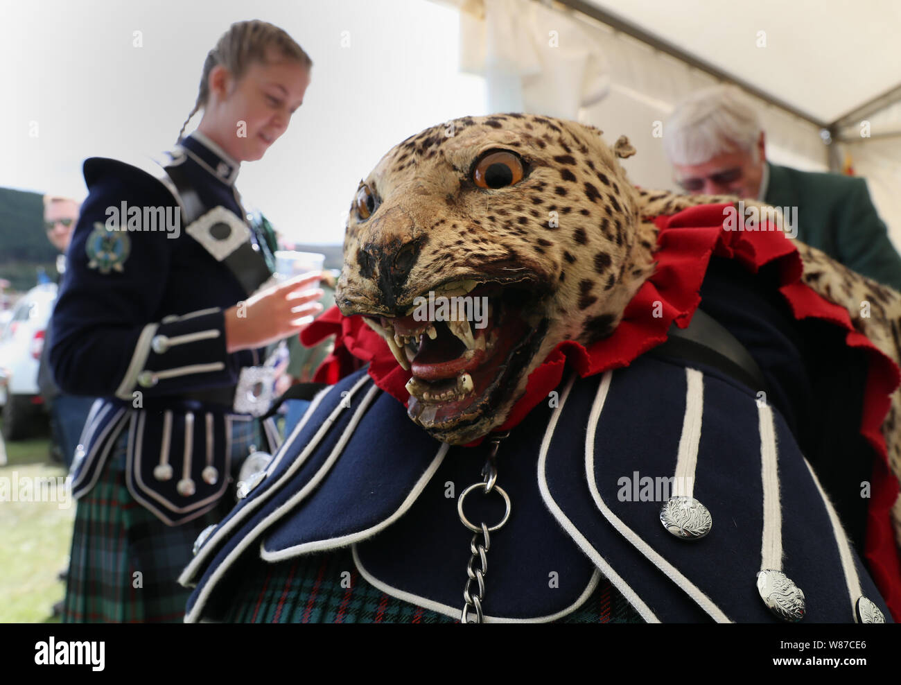 A band member from the Ballater and District pipe band wears a leopard skin base drum apron. The Prince of Wales, known as the Duke of Rothesay while in Scotland, is attending the Ballater Highland Games in Monaltrie Park. Stock Photo