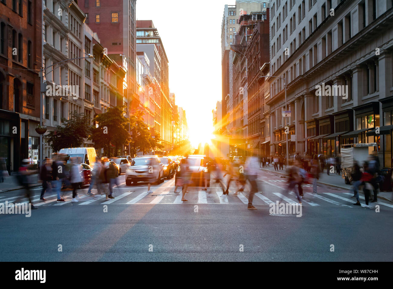 Crowds of busy people walking through the intersection of 5th Avenue ...