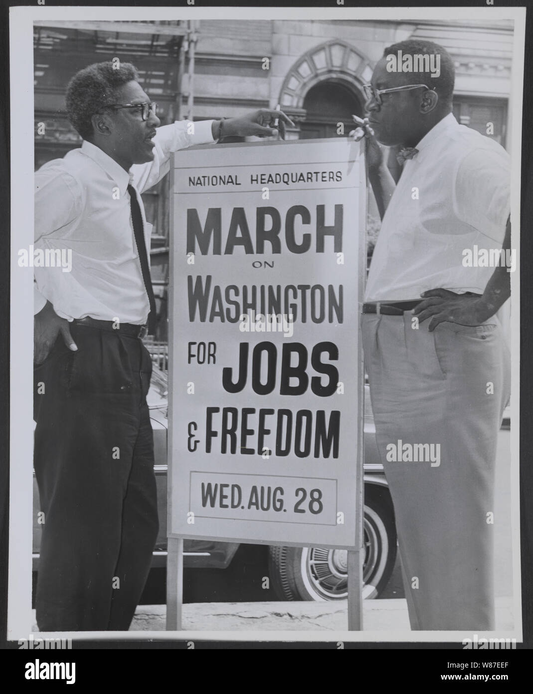 March on Washington, Bayard Rustin, Cleveland Robinson; In front of 170 W 130 St., March on Washington, l to r Bayard Rustin, Deputy Director, Cleveland Robinson, Chairman of Administrative Committee / World Telegram & Sun photo by O. Fernandez. Stock Photo