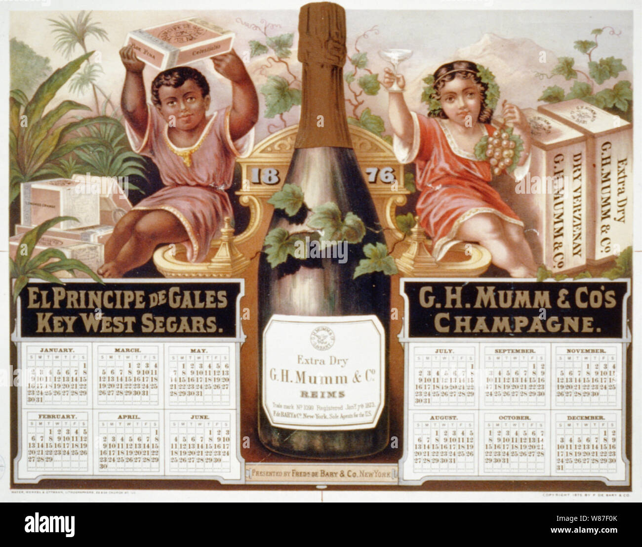1876 calendar for El Principe de Gales Key West Segars and G.H. Mumm ...