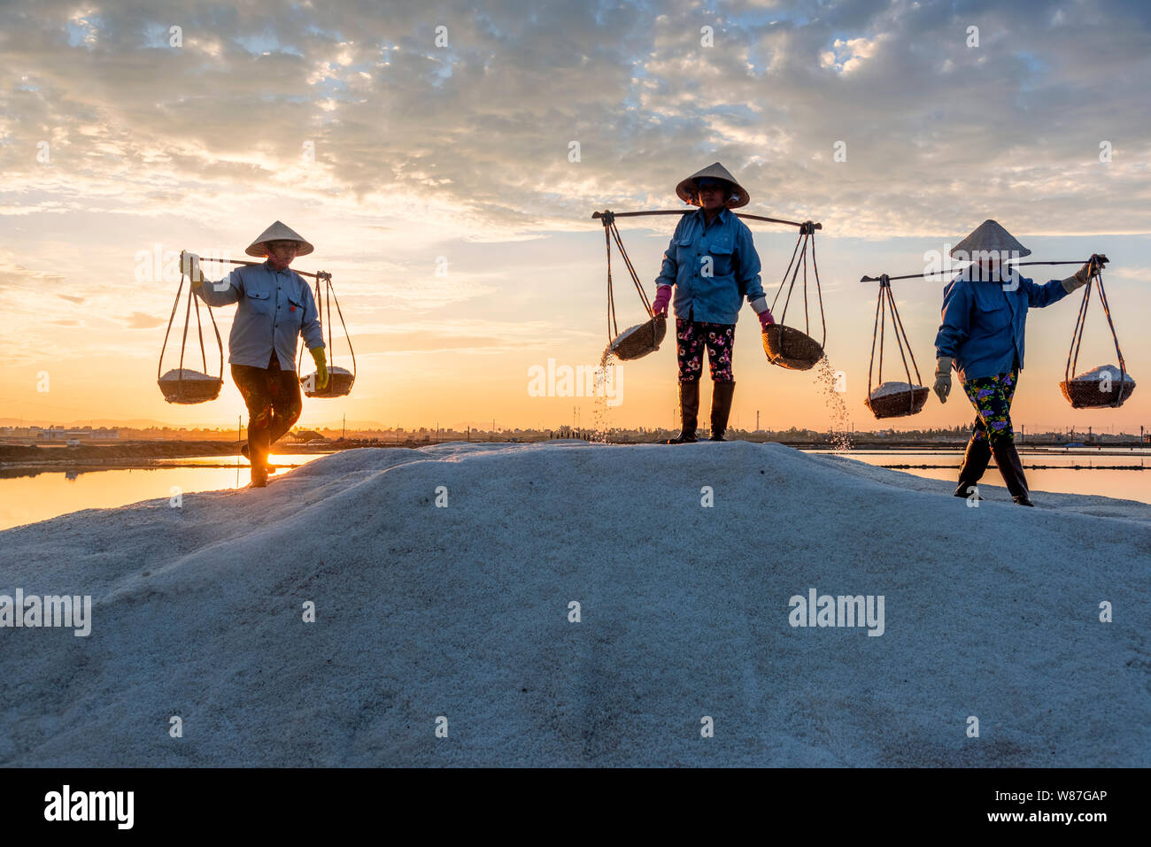 Bringing Salt Woman workers pouring freshly harvested salt from baskets to the salt ...