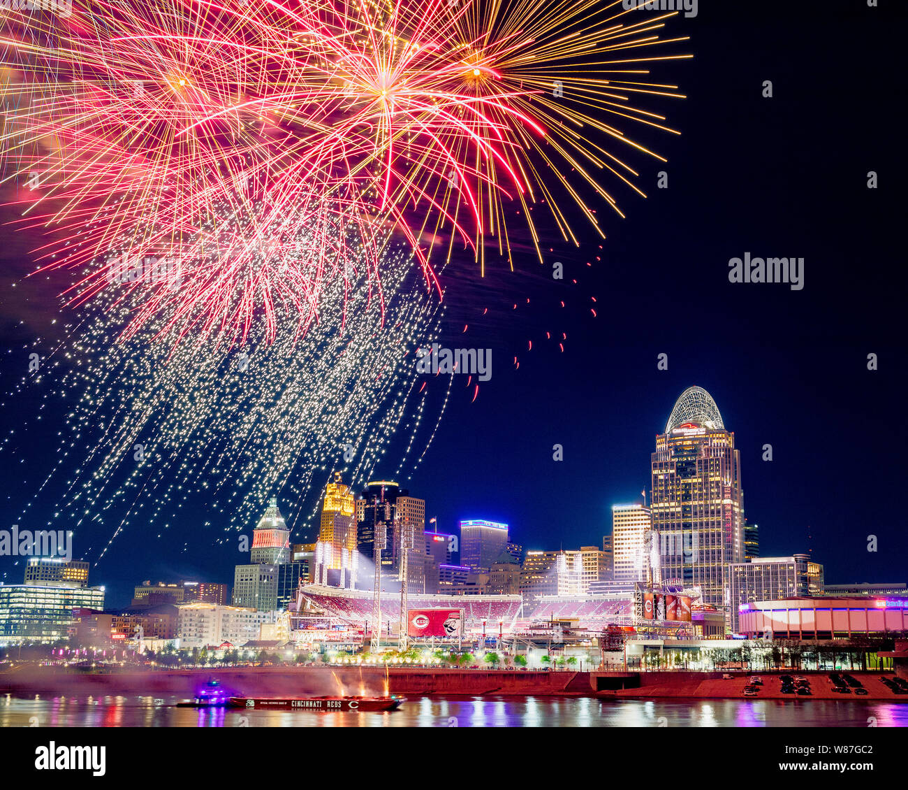 Image taken during a fireworks display in Cincinnati, Ohio. Stock Photo