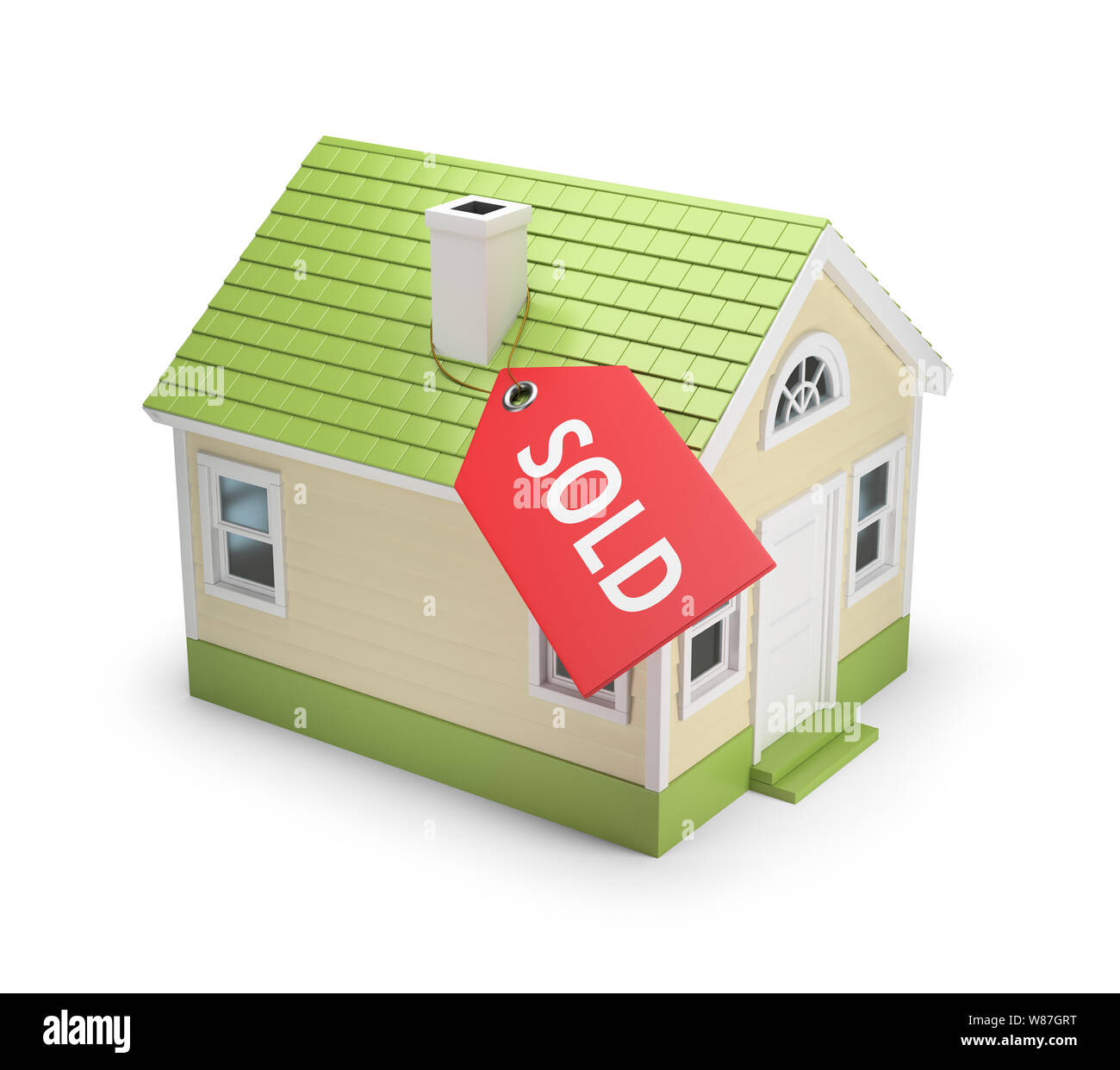 House with the label 'sold'. 3d image. Isolated white background. Stock Photo