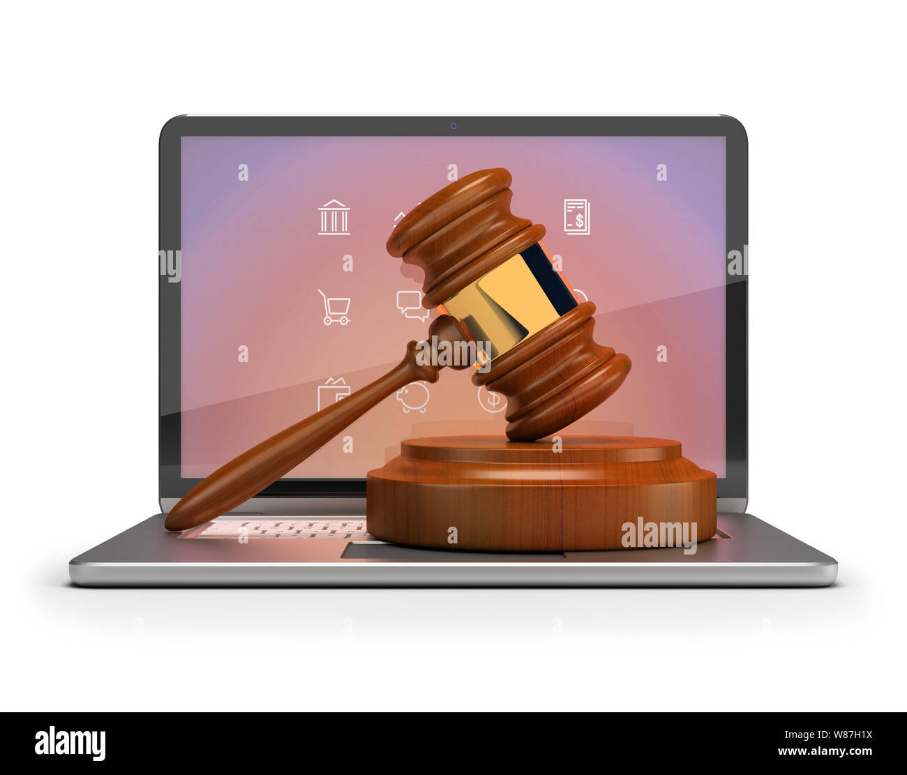 Online auction. Gavel on laptop. 3d image. Isolated white background